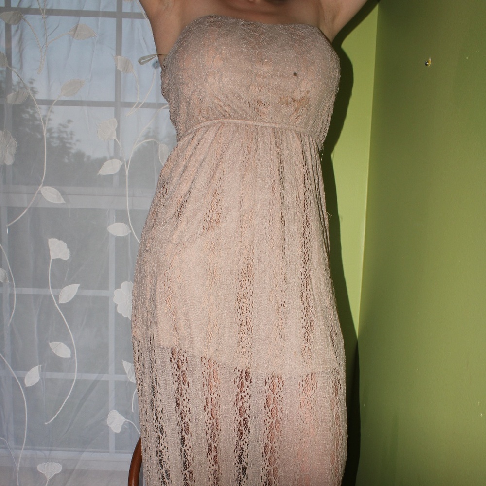Tan Lace Strapless Maxi Dress